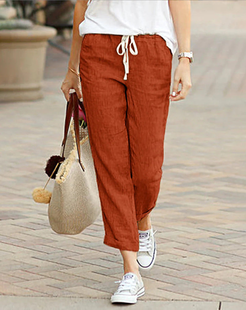 Women's relaxed fit trousers with drawstring waist, full length casual pants