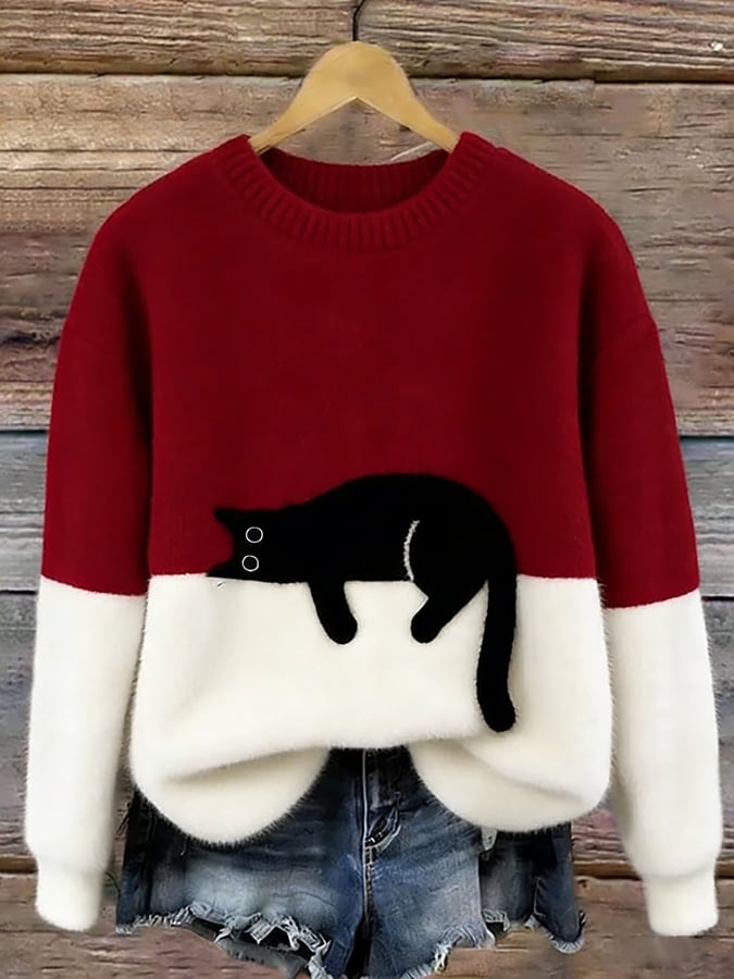 Women knit jumper colour block with black cat motif relaxed fit