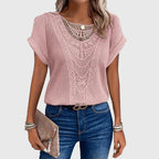 Women's openwork blouse short sleeve round neck loose fit, decorative perforated knit