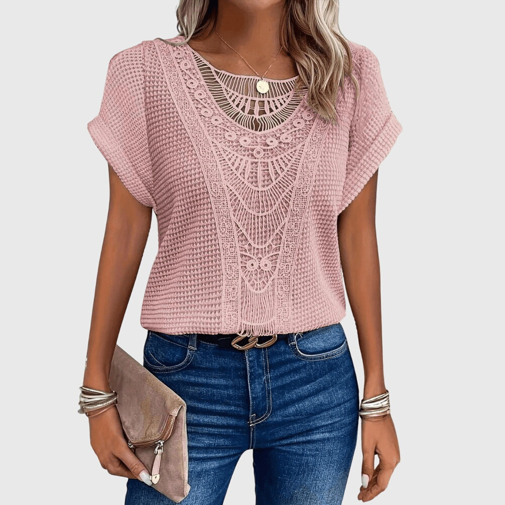 Women's openwork blouse short sleeve round neck loose fit, decorative perforated knit