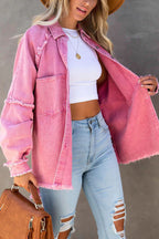 Women oversized denim jacket with fringe detail and button-front closure