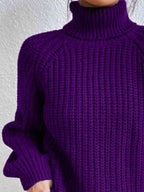Women ribbed knit turtleneck sweater with side slit hem, autumn winter