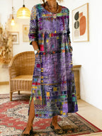 Women's denim dress with ethnic patchwork detail, loose fit boho summer style