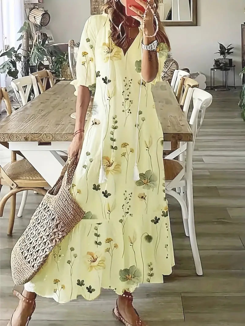 Boho Dress Women Ikat Print Ruffled V Neck Flowy Fit Lightweight