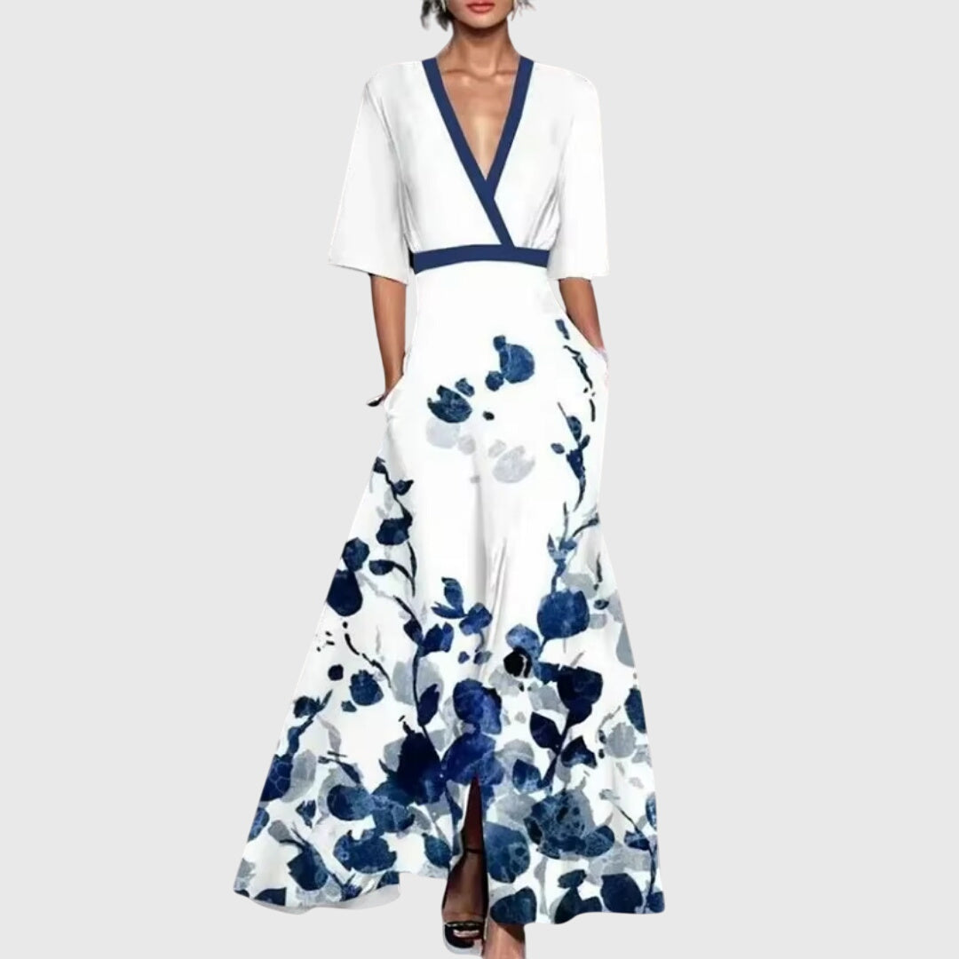 Women's spring floral dress with flared skirt and waist belt, available in red, white and green
