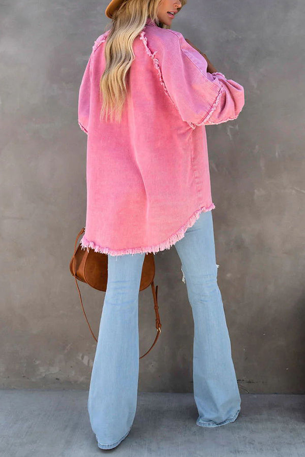 Women oversized denim jacket with fringe detail and button-front closure