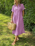 Women's striped shirt dress button-down casual with pockets, loose fit