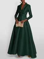 Women's A-line high waist V-neck long sleeve pleated maxi dress in multiple colours