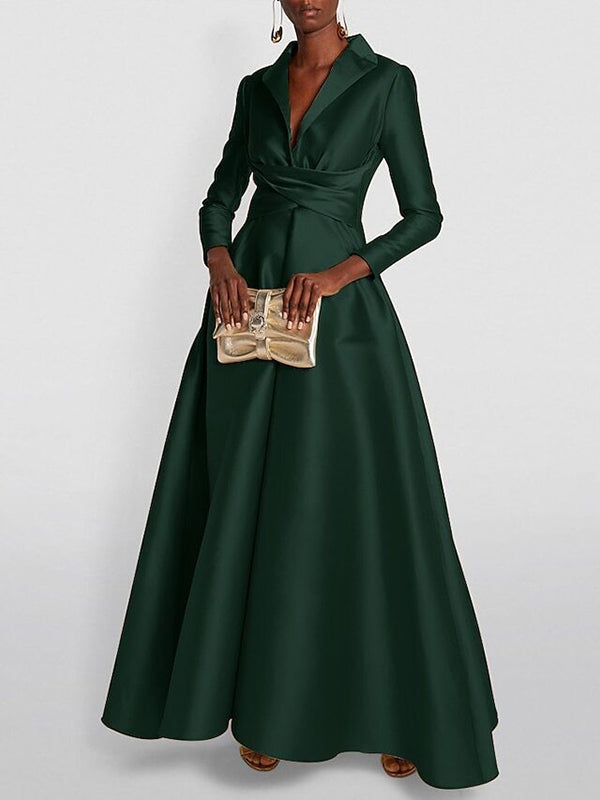 Women's A-line high waist V-neck long sleeve pleated maxi dress in multiple colours