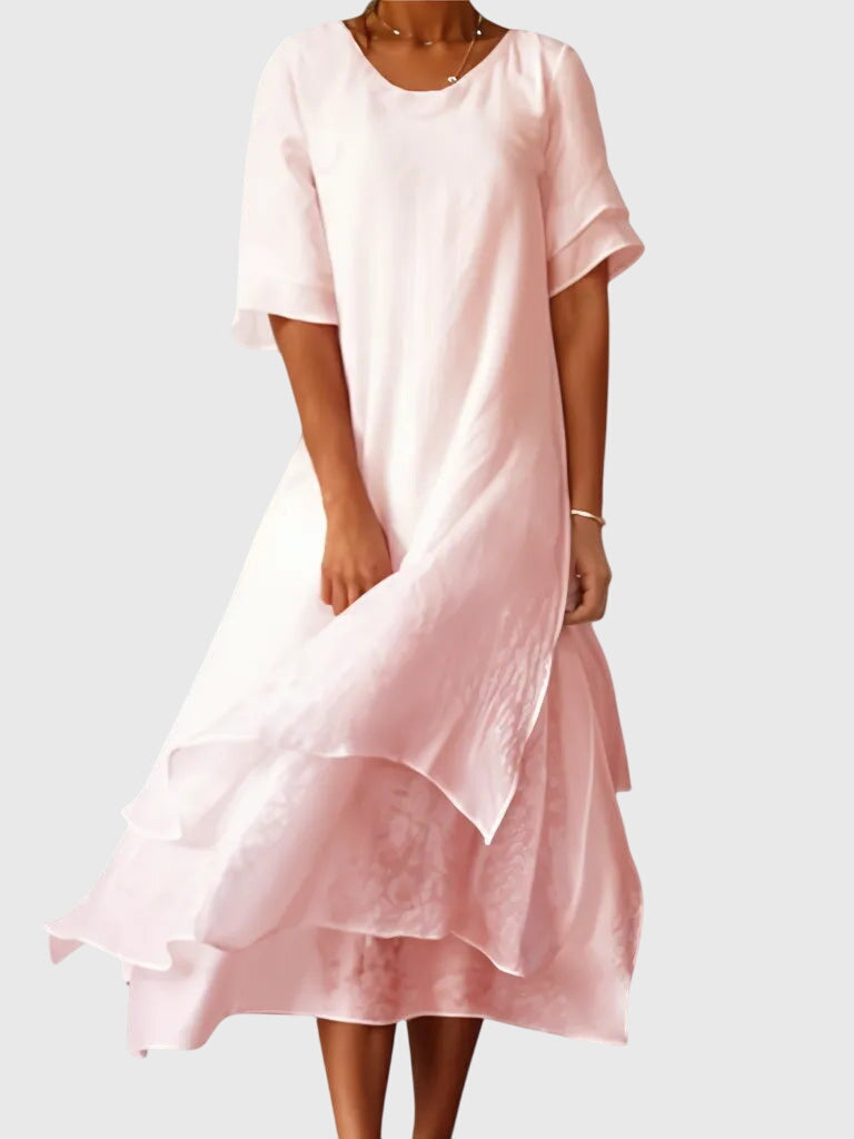 Women's elegant dress with open neckline and fluid cut, available in multiple colours