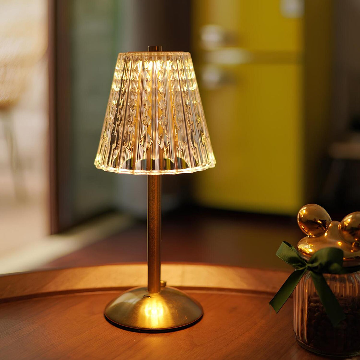 Crystal table lamp cordless touch control rechargeable LED with acrylic shade