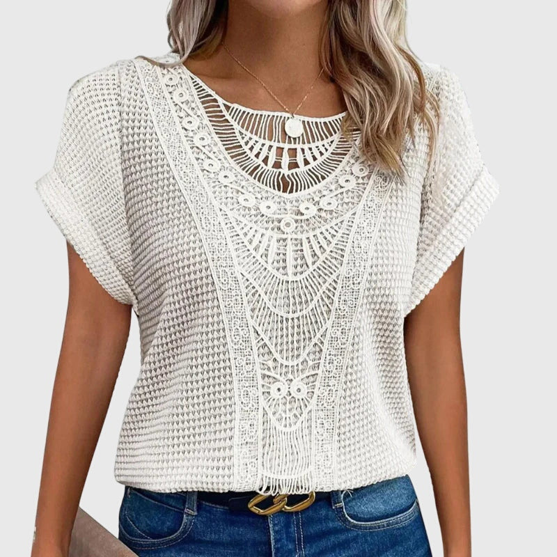 Women's openwork blouse short sleeve round neck loose fit, decorative perforated knit