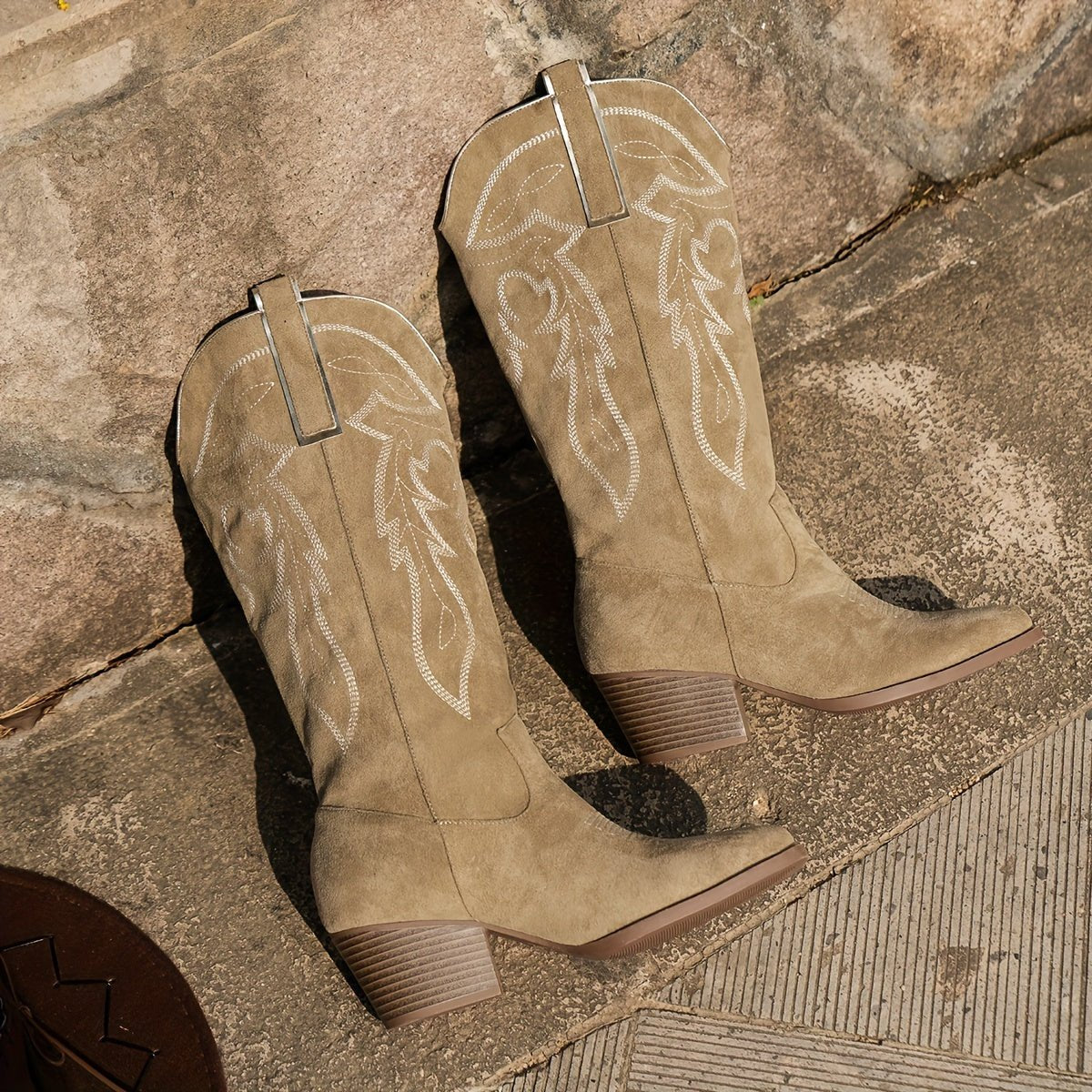 Women embroidered western cowboy boots wide calf block heel