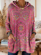 Women cotton blend hoodie ethnic print tunic length relaxed fit