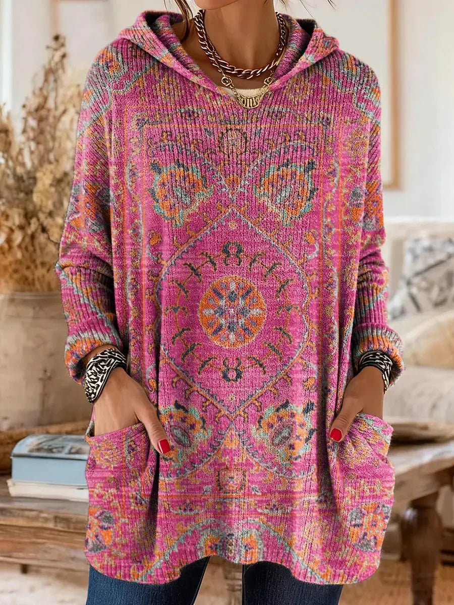 Women cotton blend hoodie ethnic print tunic length relaxed fit
