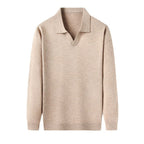 Men's long sleeve V-neck polo shirt in beige with ribbed trim