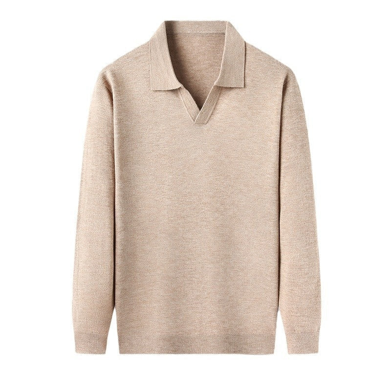 Men's long sleeve V-neck polo shirt in beige with ribbed trim