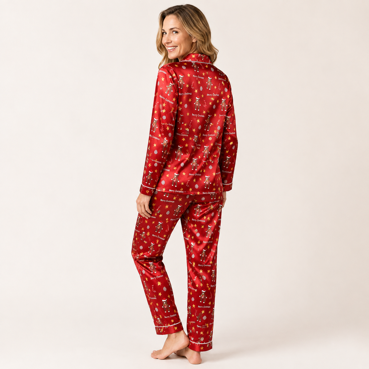 Satin Christmas Pajamas Women Red Long Sleeve Top Full Length Pants Set