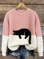 Women knit jumper colour block with black cat motif relaxed fit