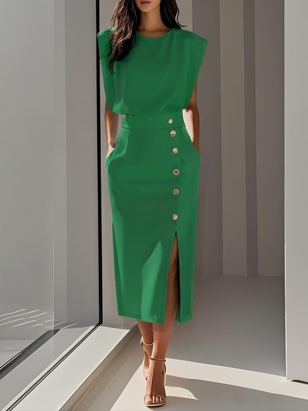 Women's structured midi dress with round neckline and button slit detail