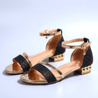 Cocktail Sandals | Women Metallic Glitter Ankle Strap Low Block Heel