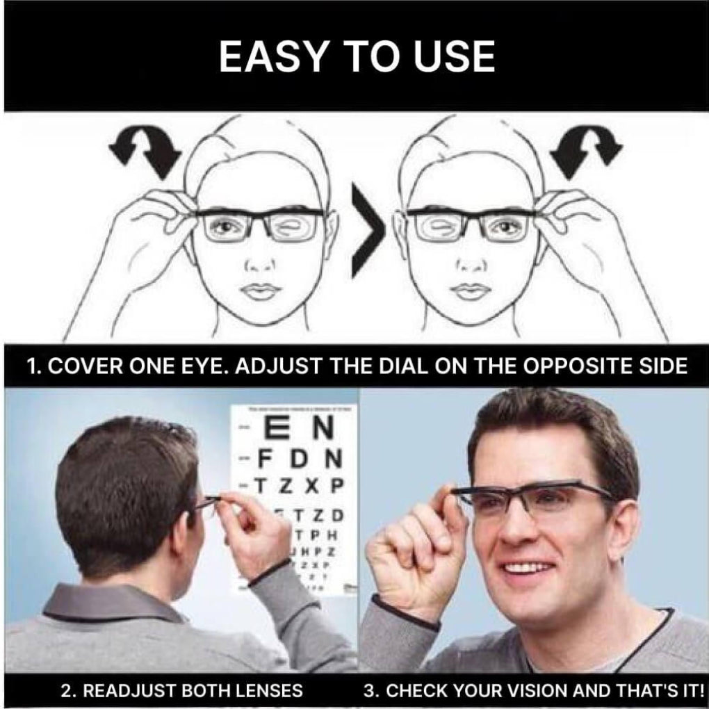 Adjustable prescription glasses with dual lens magnification dials lightweight frame