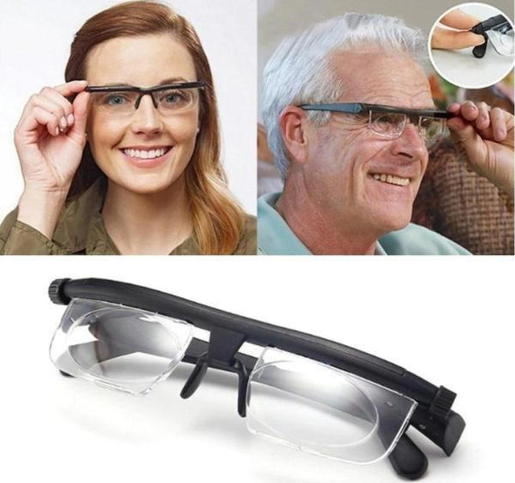 Adjustable prescription glasses with dual lens magnification dials lightweight frame