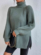 Women ribbed knit turtleneck sweater with side slit hem, autumn winter