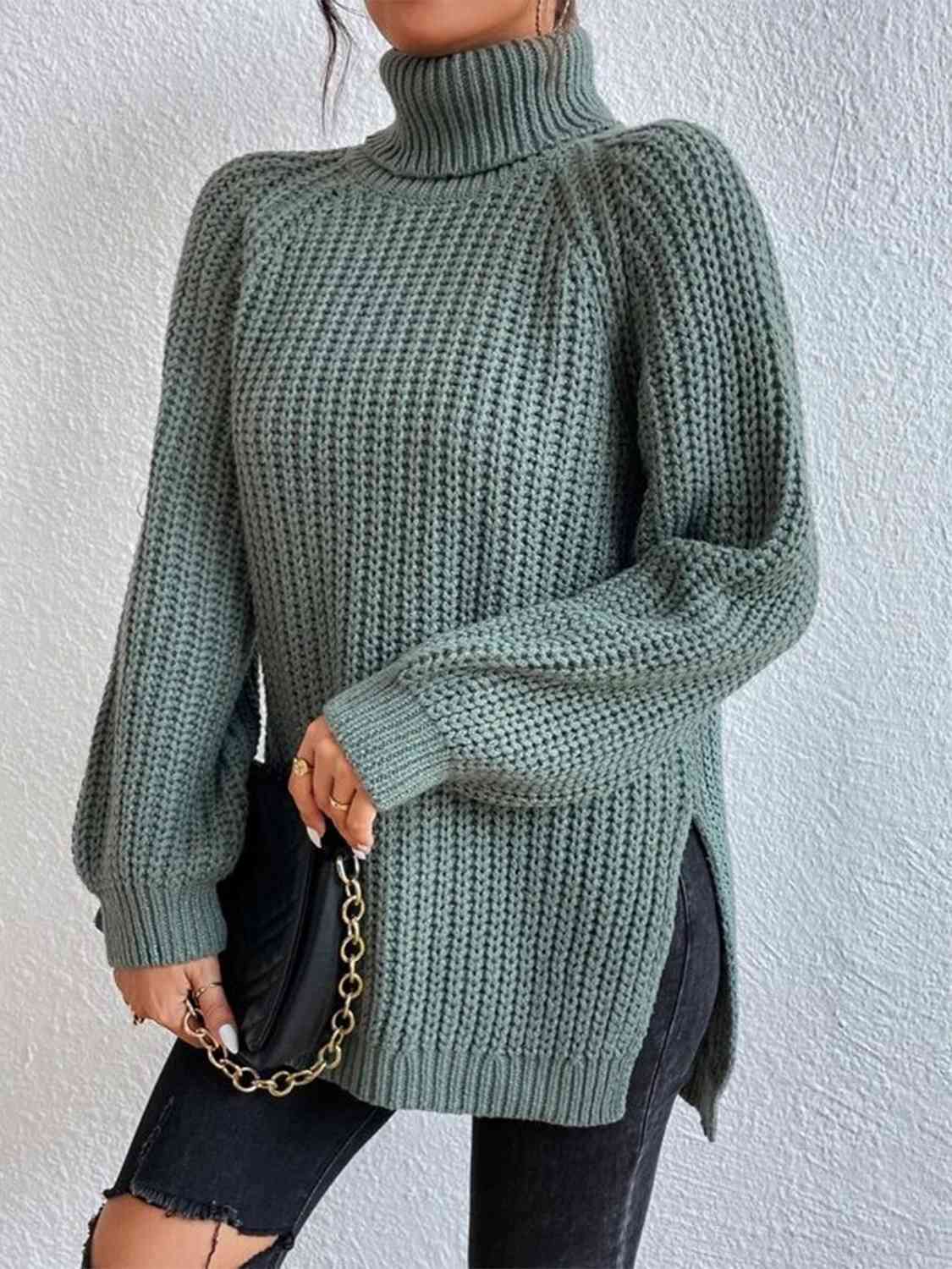 Women ribbed knit turtleneck sweater with side slit hem, autumn winter
