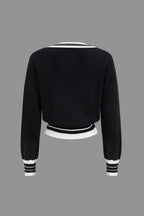 Women's knit two-piece set with cropped cardigan and wide-leg pants, black and white
