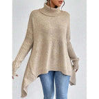 Women asymmetric hem turtleneck sweater in light khaki and dark blue