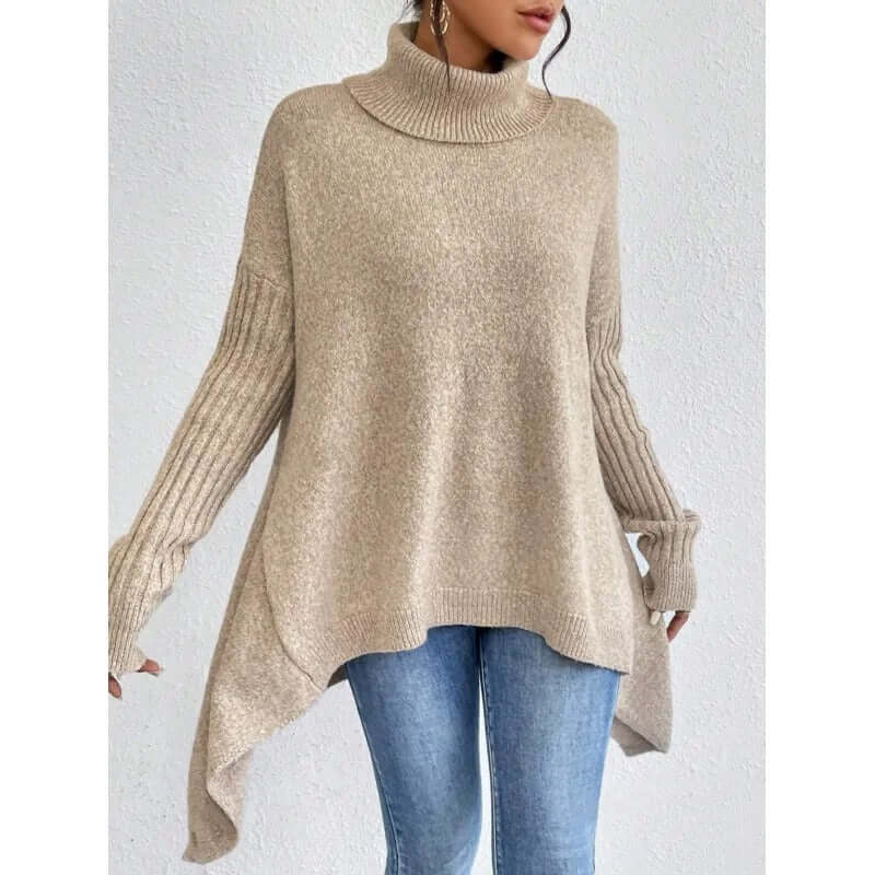 Women asymmetric hem turtleneck sweater in light khaki and dark blue