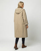 Women hooded water repellent trench coat maxi length in beige