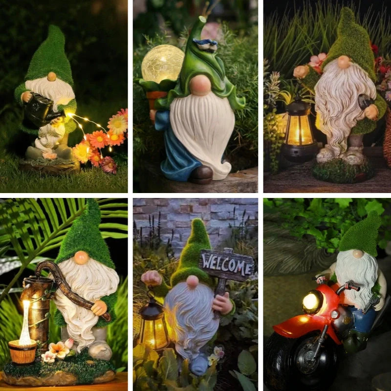Solar garden gnomes outdoor decor warm white glow weather-resistant resin