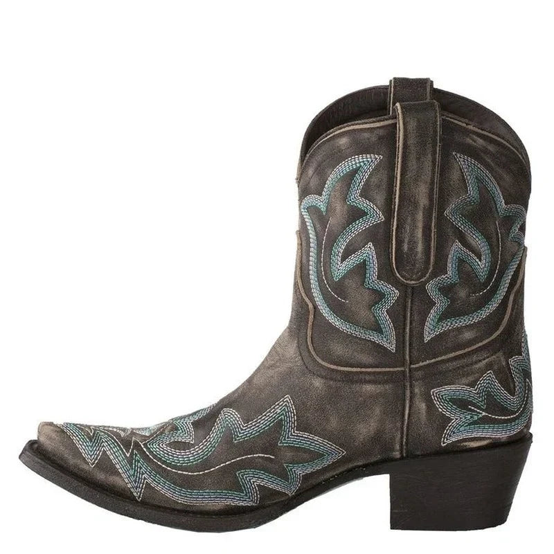 Women leather embroidered cowboy boots western style in brown red green