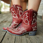 Women leather embroidered cowboy boots western style in brown red green