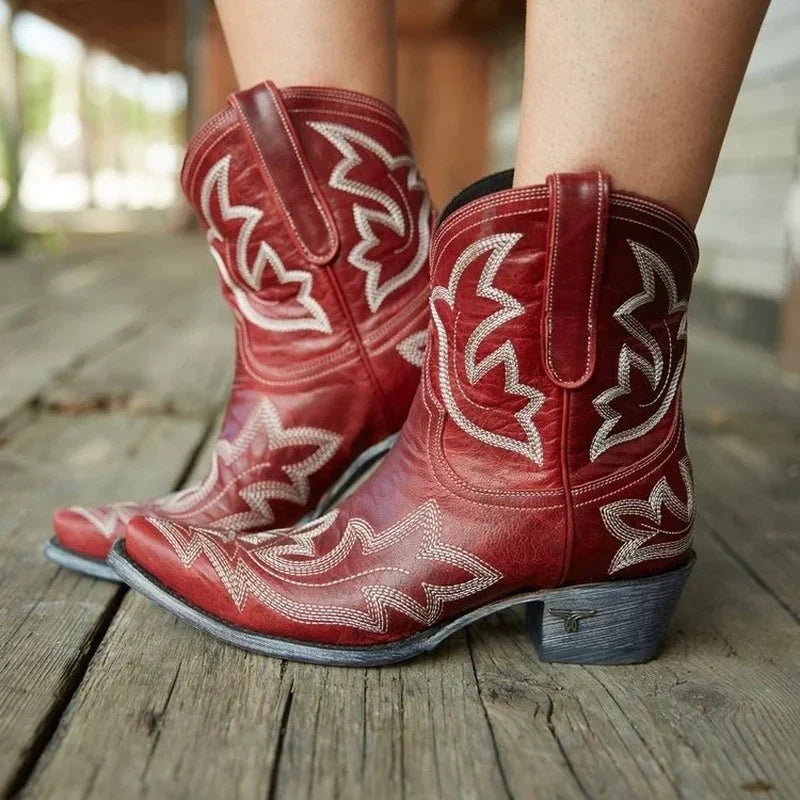 Women leather embroidered cowboy boots western style in brown red green