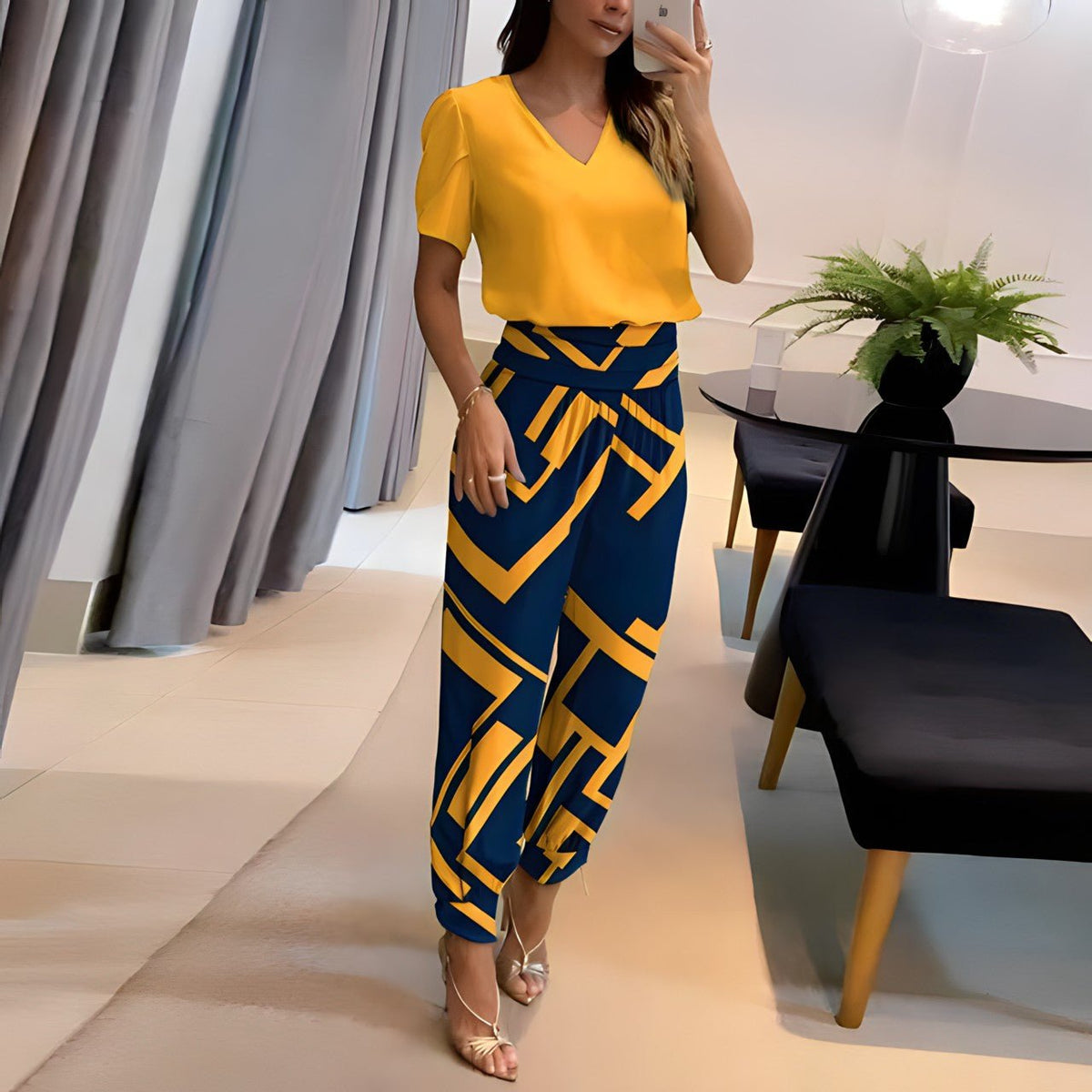 Women 2 piece blouse and pants set with puff sleeves and elastic waist
