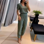 Women 2 piece blouse and pants set with puff sleeves and elastic waist