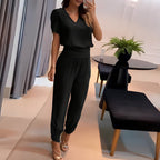 Women 2 piece blouse and pants set with puff sleeves and elastic waist