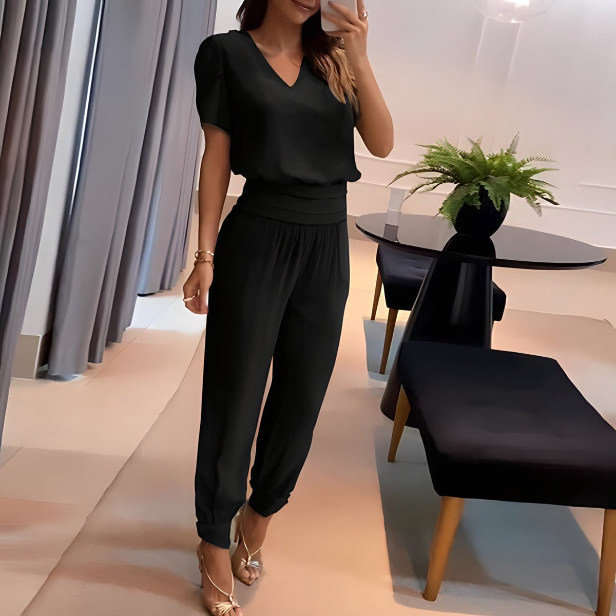 Women 2 piece blouse and pants set with puff sleeves and elastic waist