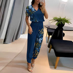 Women 2 piece blouse and pants set with puff sleeves and elastic waist