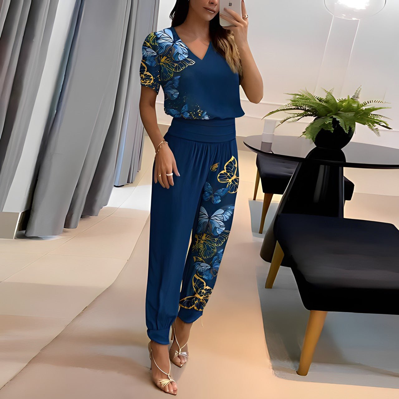 Women 2 piece blouse and pants set with puff sleeves and elastic waist