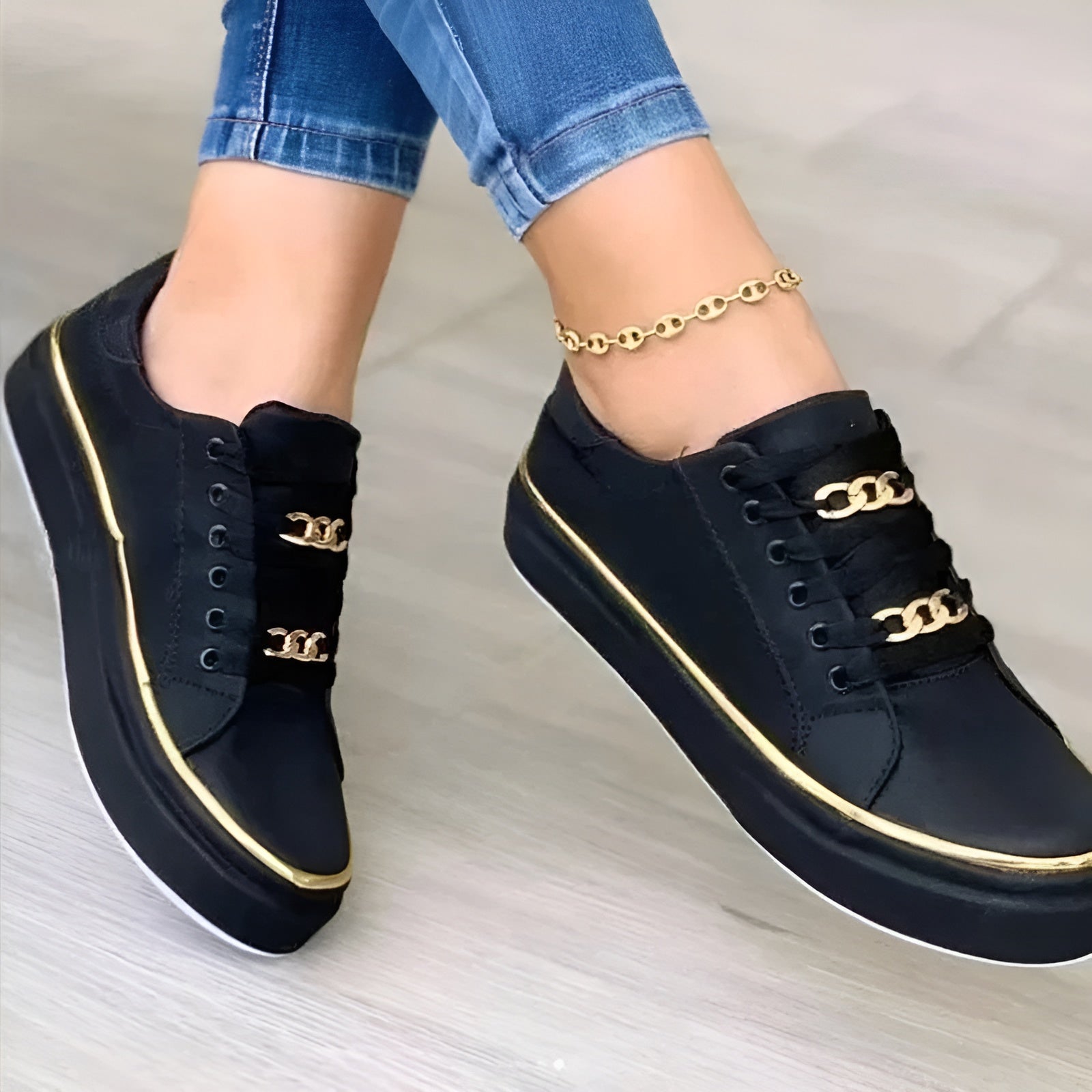 Women lace-up sneakers with golden chain accents shock-absorbing sole