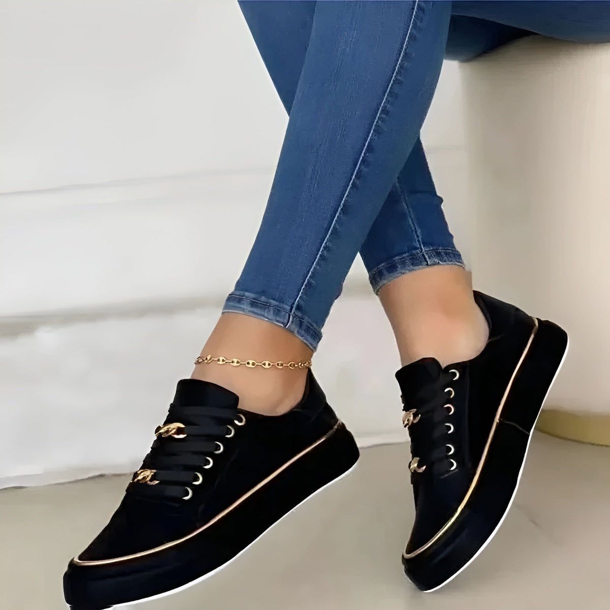 Women lace-up sneakers with golden chain accents shock-absorbing sole
