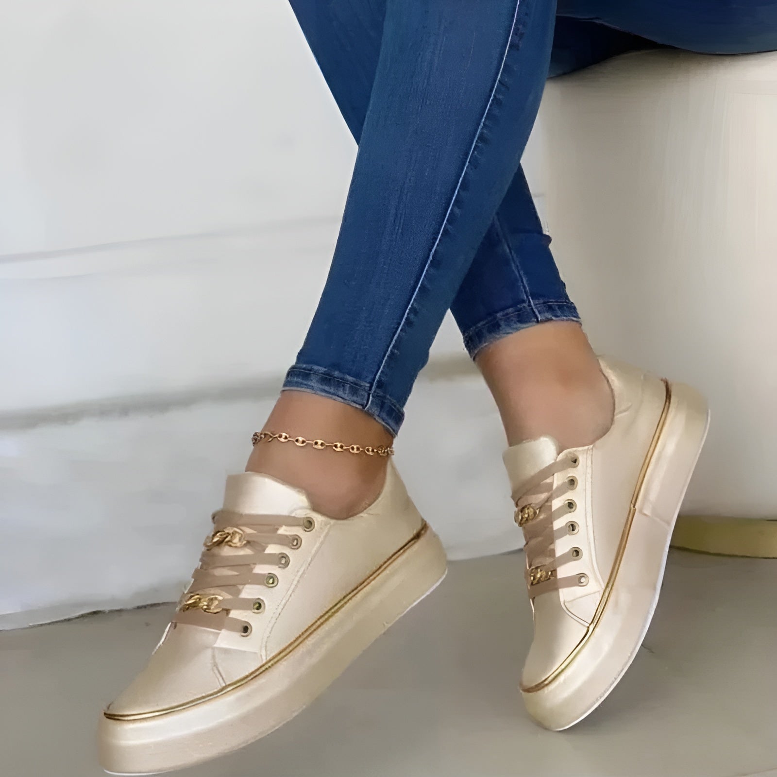 Women lace-up sneakers with golden chain accents shock-absorbing sole
