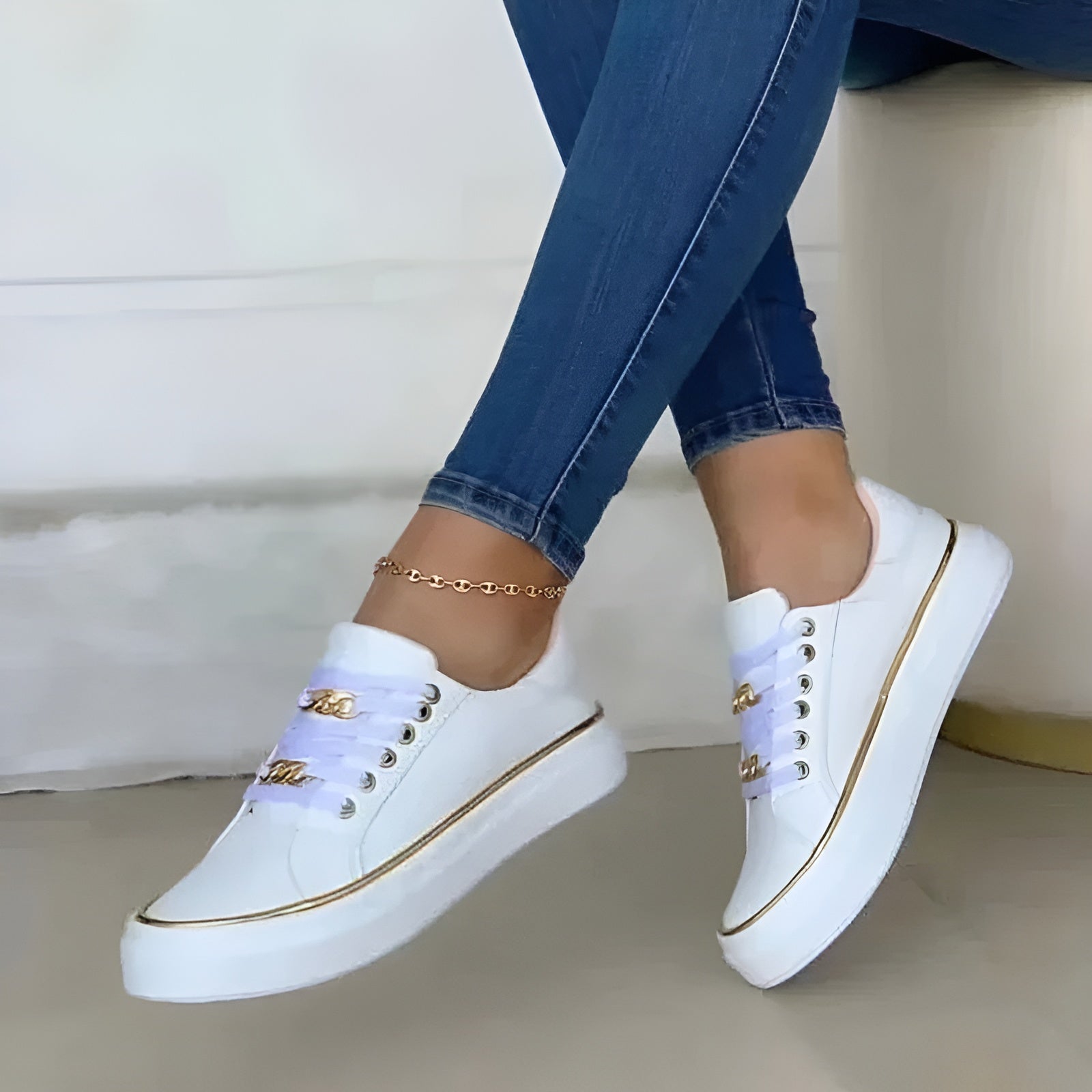 Women lace-up sneakers with golden chain accents shock-absorbing sole