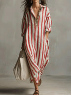 Women's striped midi shirt dress, loose fit V-neck with three-quarter sleeves