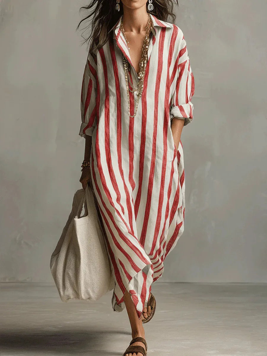 Women's striped midi shirt dress, loose fit V-neck with three-quarter sleeves