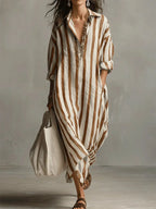 Women's striped midi shirt dress, loose fit V-neck with three-quarter sleeves